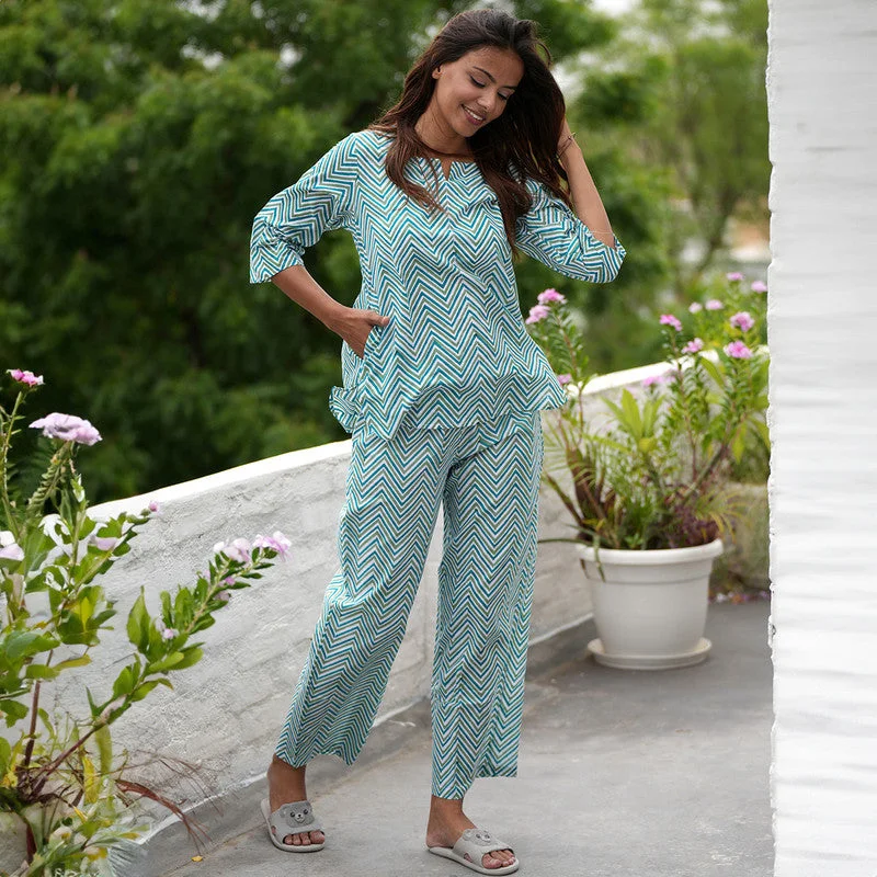 Cotton Night Suit for Women | Chevron Block Print | Teal Blue