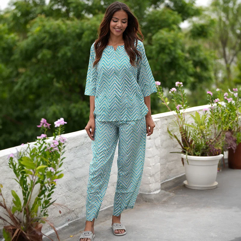 Cotton Night Suit for Women | Chevron Block Print | Teal Blue