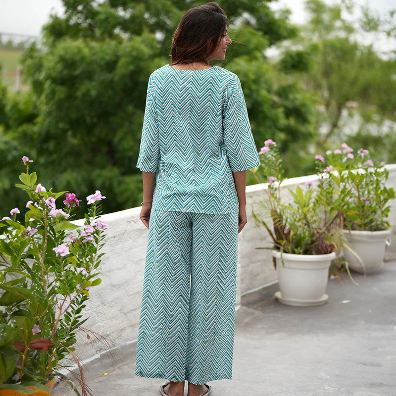 Cotton Night Suit for Women | Chevron Block Print | Teal Blue