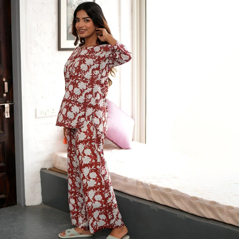 Cotton Night Suit for Women | Floral Handblock Print | Burgundy