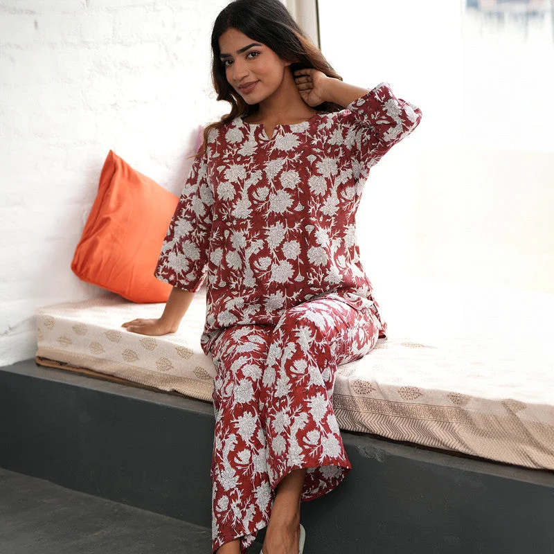 Cotton Night Suit for Women | Floral Handblock Print | Burgundy