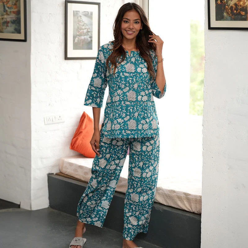 Cotton Night Suit for Women | Floral Handblock Print | Teal