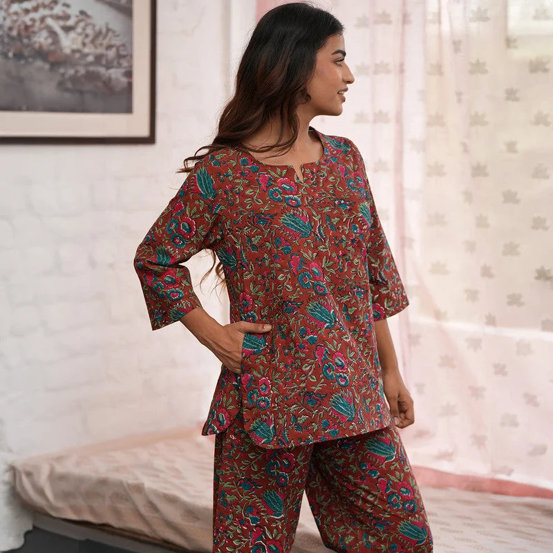 Cotton Night Suit for Women | Forest Block Print | Maroon