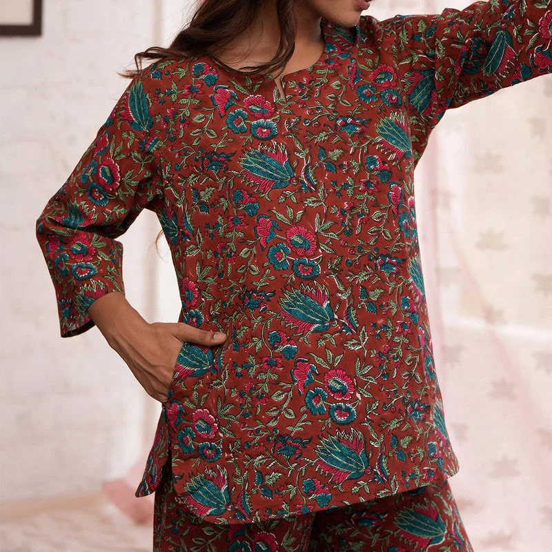 Cotton Night Suit for Women | Forest Block Print | Maroon