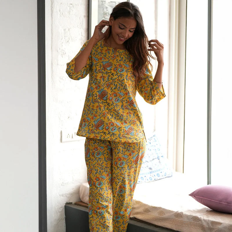 Cotton Night Suit for Women | Handblock Print | Mustard