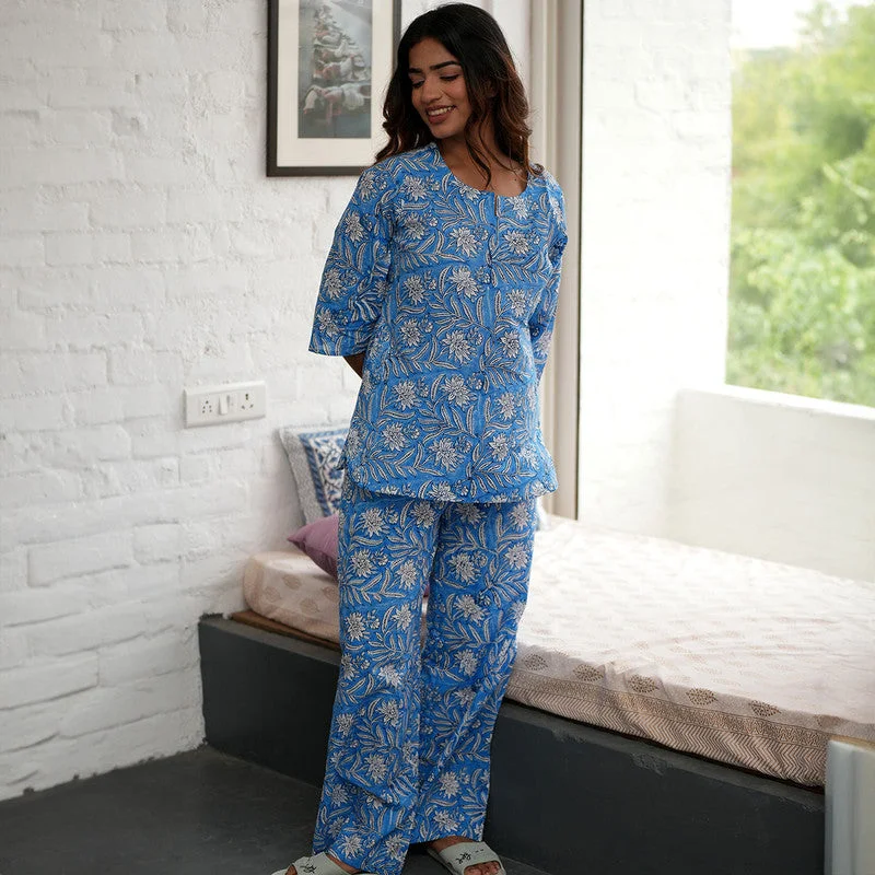 Cotton Night Suit for Women | Handblock Print | Sky Blue