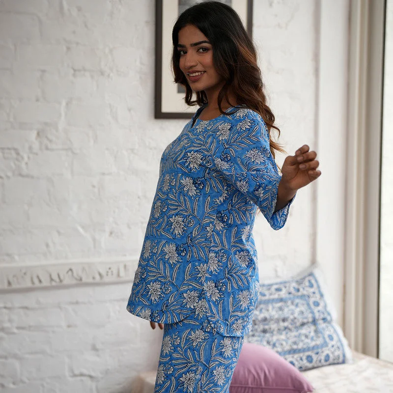 Cotton Night Suit for Women | Handblock Print | Sky Blue