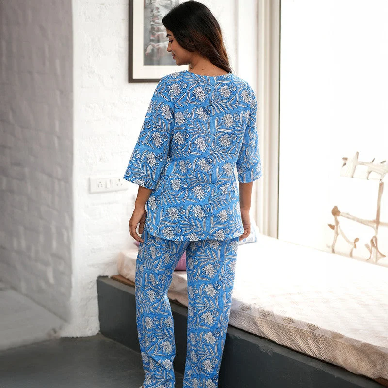 Cotton Night Suit for Women | Handblock Print | Sky Blue