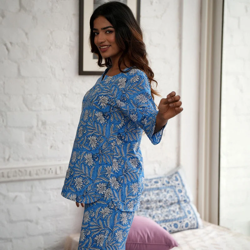 Cotton Night Suit for Women | Handblock Print | Sky Blue