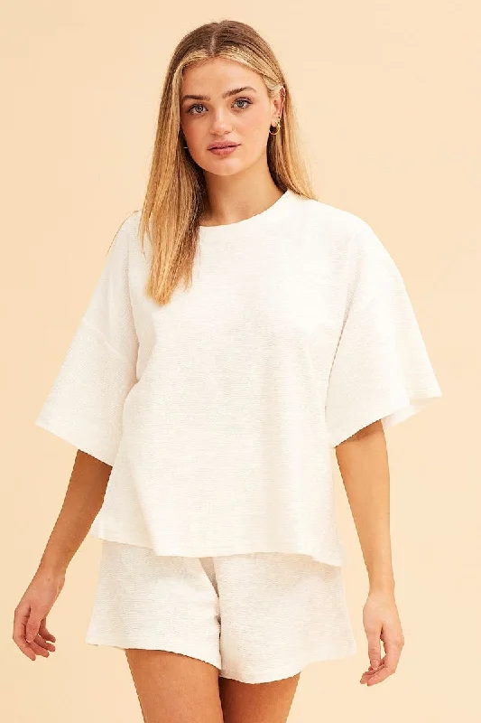 White Remi Oversized Textured Lounge Crew Neck Tee